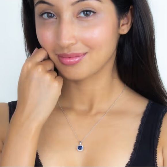 💙 Cushion Cut Blue Sapphire Cz Diamond Halo Necklace - Picture 13 of 14